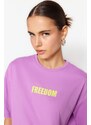 Trendyol Lilac 100% Cotton Slogan Printed Relaxed Crewneck Knitted T-Shirt