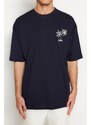 Trendyol Navy Blue Oversize/Wide Cut 100% Cotton Tropical Back Printed T-Shirt