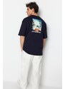 Trendyol Navy Blue Oversize/Wide Cut 100% Cotton Tropical Back Printed T-Shirt