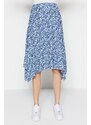 Trendyol Indigo Patterned Ruffle Asymmetrical High Waist Midi Stretch Knit Skirt