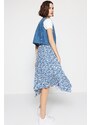 Trendyol Indigo Patterned Ruffle Asymmetrical High Waist Midi Stretch Knit Skirt