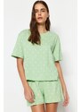 Trendyol Mint 100% Cotton Heart Patterned T-shirt-Shorts Knitted Pajamas Set