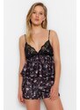 Trendyol Black Satin Floral Lace Detailed Undershirt-Shorts Woven Pajamas Set