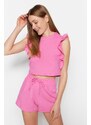 Trendyol Pink 100% Cotton Ruffled T-shirt-Shorts, Knitted Pajamas Set