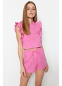 Trendyol Pink 100% Cotton Ruffled T-shirt-Shorts, Knitted Pajamas Set