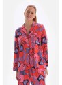 Dagi Pomegranate Flower Patterned Shirt Collar Satin Pajama Top