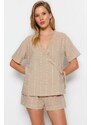 Trendyol Beige 100% Cotton Striped Viscose Wide Fit Woven Pajamas Set