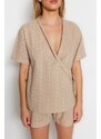 Trendyol Beige 100% Cotton Striped Viscose Wide Fit Woven Pajamas Set