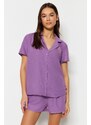 Trendyol Purple Fun Embroidered Shirt-Shorts Weave Pajamas Set