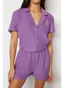 Trendyol Purple Fun Embroidered Shirt-Shorts Weave Pajamas Set