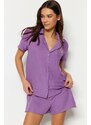 Trendyol Purple Fun Embroidered Shirt-Shorts Weave Pajamas Set