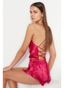 Trendyol Fuchsia Ruffle and Back Detail Satin Singlet-Shorts, Woven Pajamas Set