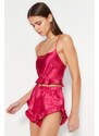 Trendyol Fuchsia Ruffle and Back Detail Satin Singlet-Shorts, Woven Pajamas Set