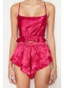 Trendyol Fuchsia Ruffle and Back Detail Satin Singlet-Shorts, Woven Pajamas Set