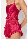 Trendyol Fuchsia Ruffle and Back Detail Satin Singlet-Shorts, Woven Pajamas Set