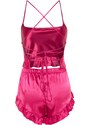 Trendyol Fuchsia Ruffle and Back Detail Satin Singlet-Shorts, Woven Pajamas Set