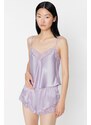 Trendyol Lilac Lace Detailed Satin Undershirt-Shorts Woven Pajamas Set