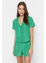 Trendyol Green Terrycotton Shirt-Shorts Woven Pajamas Set