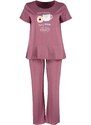 Trendyol Curve Burgundy Printed Short Sleeve Knitted Pajamas Set