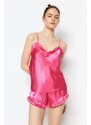 Trendyol Fuchsia Ruffled Satin Tank Top-Shorts Woven Pajama Set