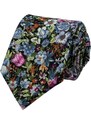 Quentino Černá pánská bavlněná kravata s modro fialovými květy