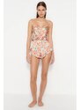 Trendyol Multicolored Floral Ruffle and Back Detailed Satin Singlet-Shorts Woven Pajamas Set.