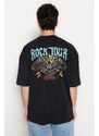 Trendyol Black Oversize/Wide-Fit Weathered/Faded Effect Rock Print 100% Cotton T-Shirt