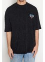 Trendyol Black Oversize/Wide-Fit Weathered/Faded Effect Rock Print 100% Cotton T-Shirt