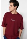 Trendyol Burgundy Oversize/Wide-Fit 100% Cotton Minimal Text Printed T-Shirt