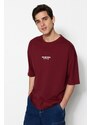 Trendyol Burgundy Oversize/Wide-Fit 100% Cotton Minimal Text Printed T-Shirt