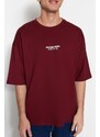 Trendyol Burgundy Oversize/Wide-Fit 100% Cotton Minimal Text Printed T-Shirt