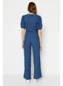 Trendyol Indigo Double Breasted Collar Balloon Sleeves Textured Fabric Knitted Top-Upper Suit