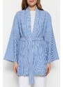 Trendyol modré páskové tkané pruhované kimono a kaftan