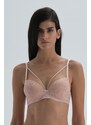 Dagi Dark Pink Semi-Padded, Patterned Tulle Bra with String Detail on the Breast