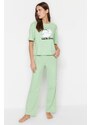 Trendyol Light Green 100% Cotton Animal Printed T-shirt-Pants Knitted Pajamas Set
