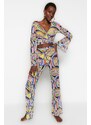 Trendyol Abstract Patterned Woven Tie Blouse and Pants Suit
