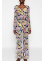 Trendyol Abstract Patterned Woven Tie Blouse and Pants Suit