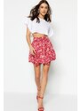 Trendyol Pink Floral Patterned Skirt With Ruffles, Normal Waist, Mini Crepe Knitted Skirt