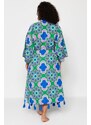 Trendyol Curve Saxe-Based Woven Kimono with Tassel Detail Belt