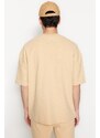Trendyol Limitovaná edice béžová oversize 100% bavlna označená texturou Basic Thick T-Shirt