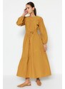 Trendyol Camel Waist Elastic Gathered Detail Cotton Woven Dress