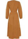 Trendyol Camel Waist Elastic Gathered Detail Cotton Woven Dress