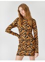 Koton Mini Zimní Tužkové Šaty Leopard Vzorované Vysoký Výstřih Dlouhý rukáv