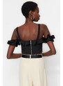 Trendyol Black Crop Lined Woven Ruffle Bustier