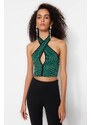 Trendyol Black-Green Crop Knitted Window/Cut Out Detailed Animal Print Bustier