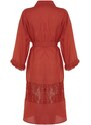 Trendyol Cinnamon Belt Maxi Woven Ruched 100% Cotton Kimono & Caftan