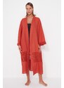 Trendyol Cinnamon Belt Maxi Woven Ruched 100% Cotton Kimono & Caftan