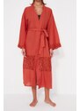 Trendyol Cinnamon Belt Maxi Woven Ruched 100% Cotton Kimono & Caftan