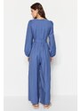 Trendyol Indigo Belted Strip Detail Wide Leg Woven Jumpsuit