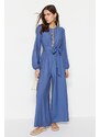 Trendyol Indigo Belted Strip Detail Wide Leg Woven Jumpsuit